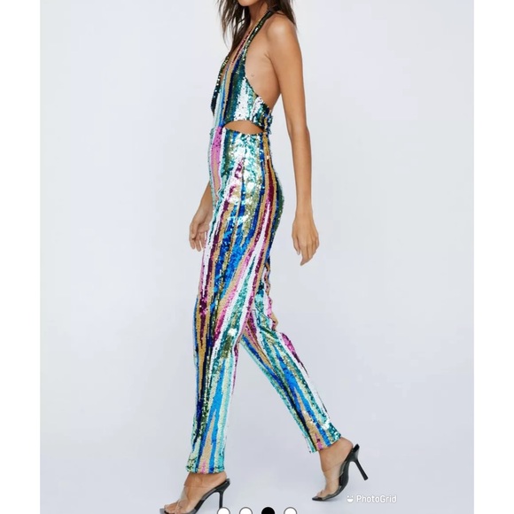 NWT Nasty Gal Stripe Sequin Halterneck Cut Out Jumpsuit - Picture 3 of 15